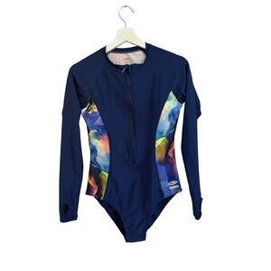 AXESEA Blue Long Sleeve Front Zip Rash Guard Accents OnePiece Swimsuit Size 10‎